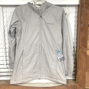 Columbia lined long raincoat. New with tags. Size large.